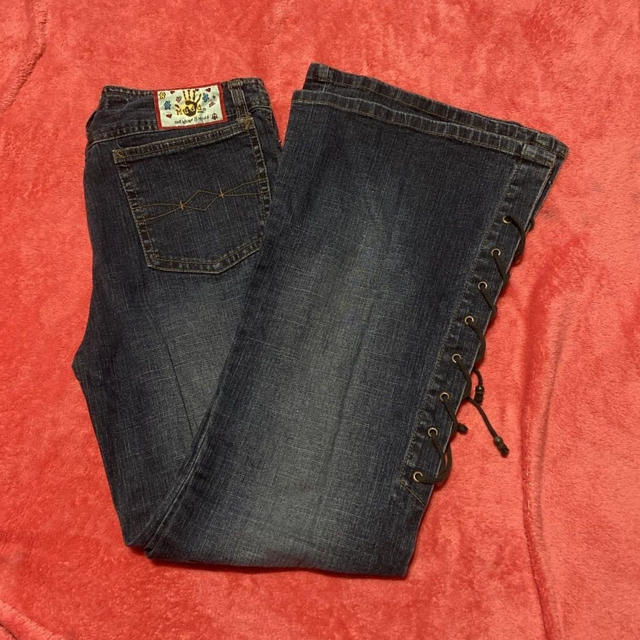 Mudd Women’s Blue Denim Flared Jeans Lace-Up Accents 5-Pocket Zip/Button