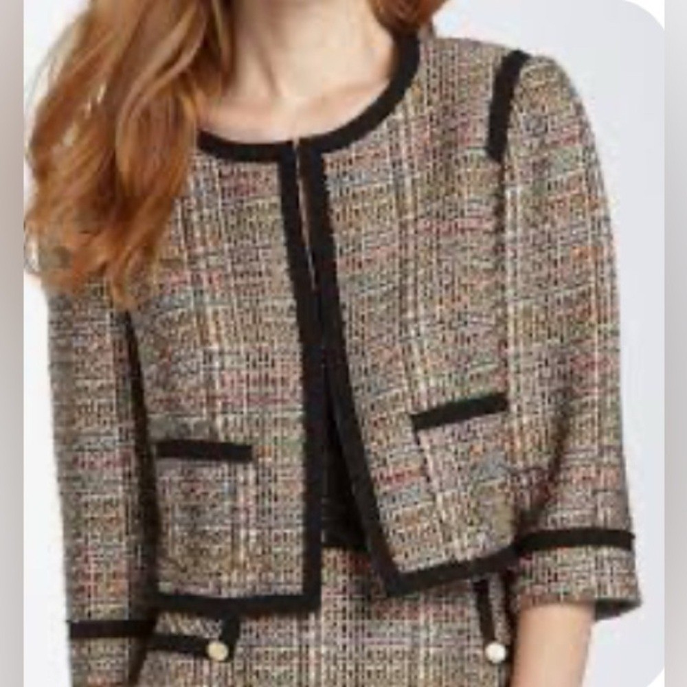 Trina Turk Multicolor Tweed Black Trim Cropped Career Blazer Jacket Womens 0 EUC