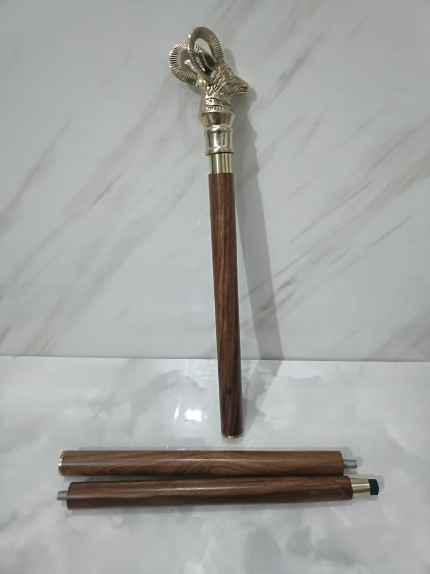36” Handmade Walking Stick Cane Wood Antique Sword Brass Gold Shape Goat Handle