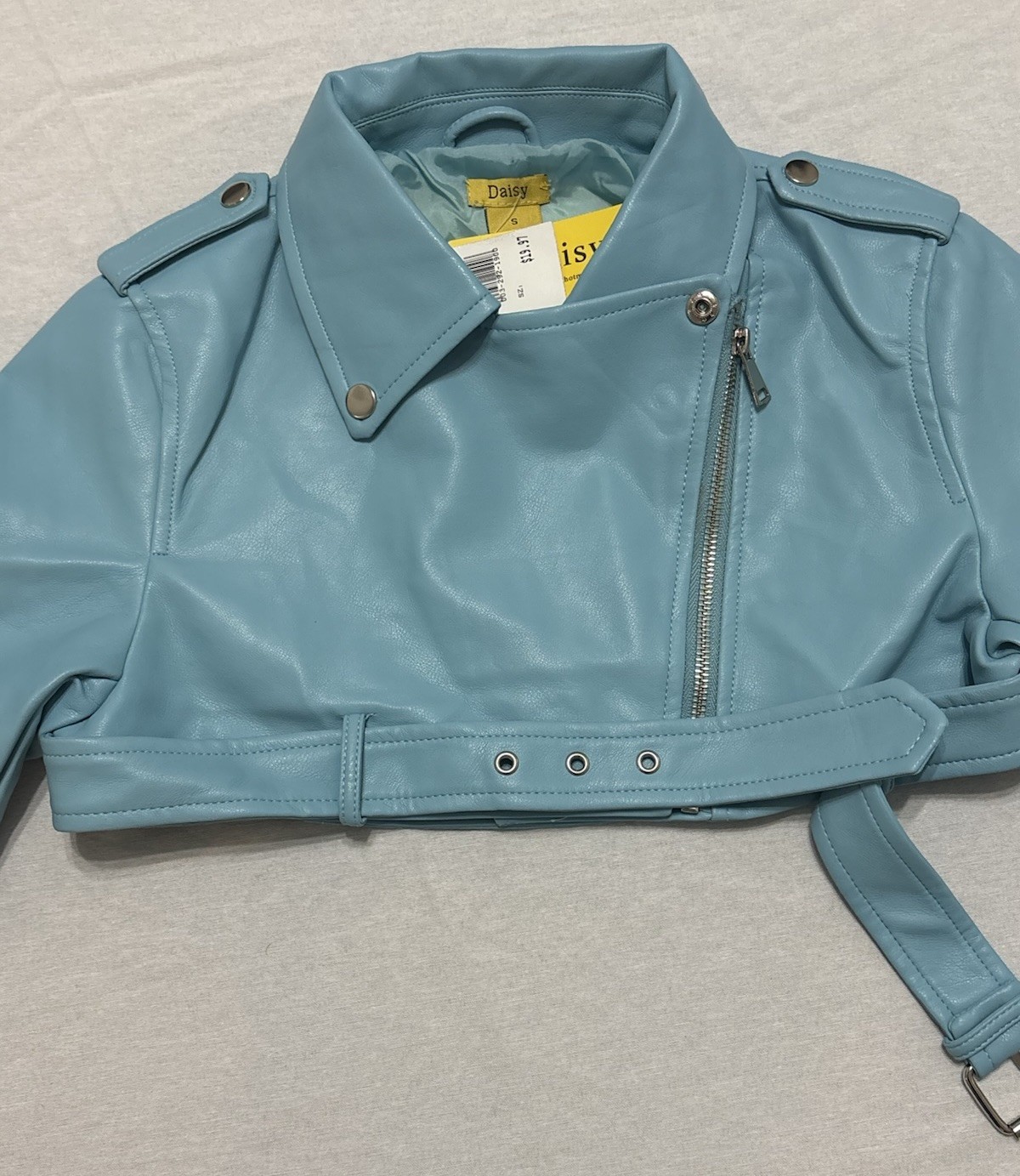 Daisy Blue Cropped Biker Jacket Belted Zipper Epaulette Women’s Size S F18