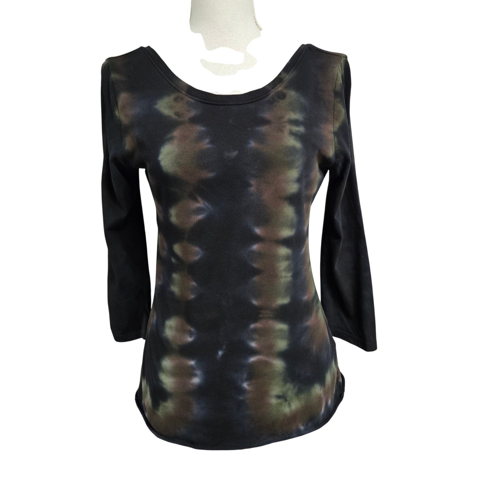 Raquel Allegra Black Tie Dye Scoop Neck Deep U-Back 3/4 Sleeve Cotton Top Size 2