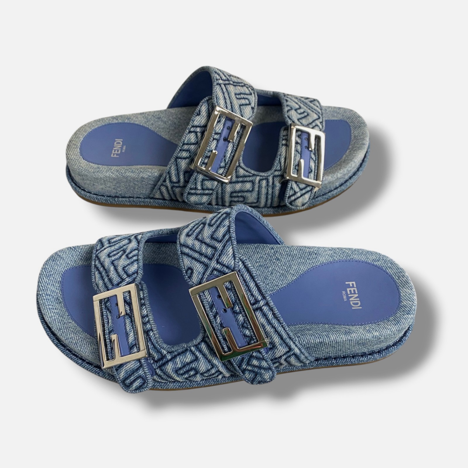 Fendi Women’s Blue FF Embroidered Denim Dual Buckle Slide Sandals Size 37