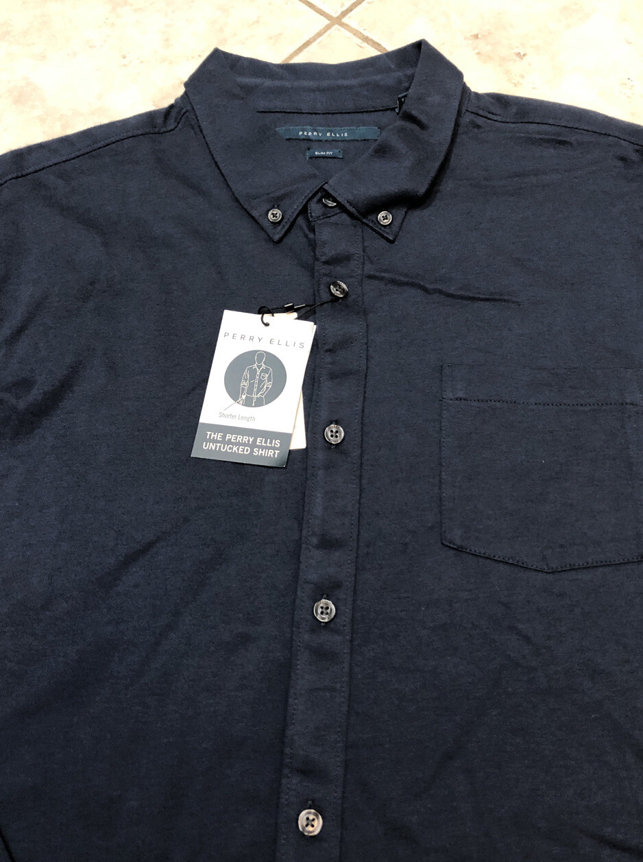 Perry Ellis Untucked Slim Fit Oxford Mens Moisture Wicking Shirt XXL Blue LS NWT