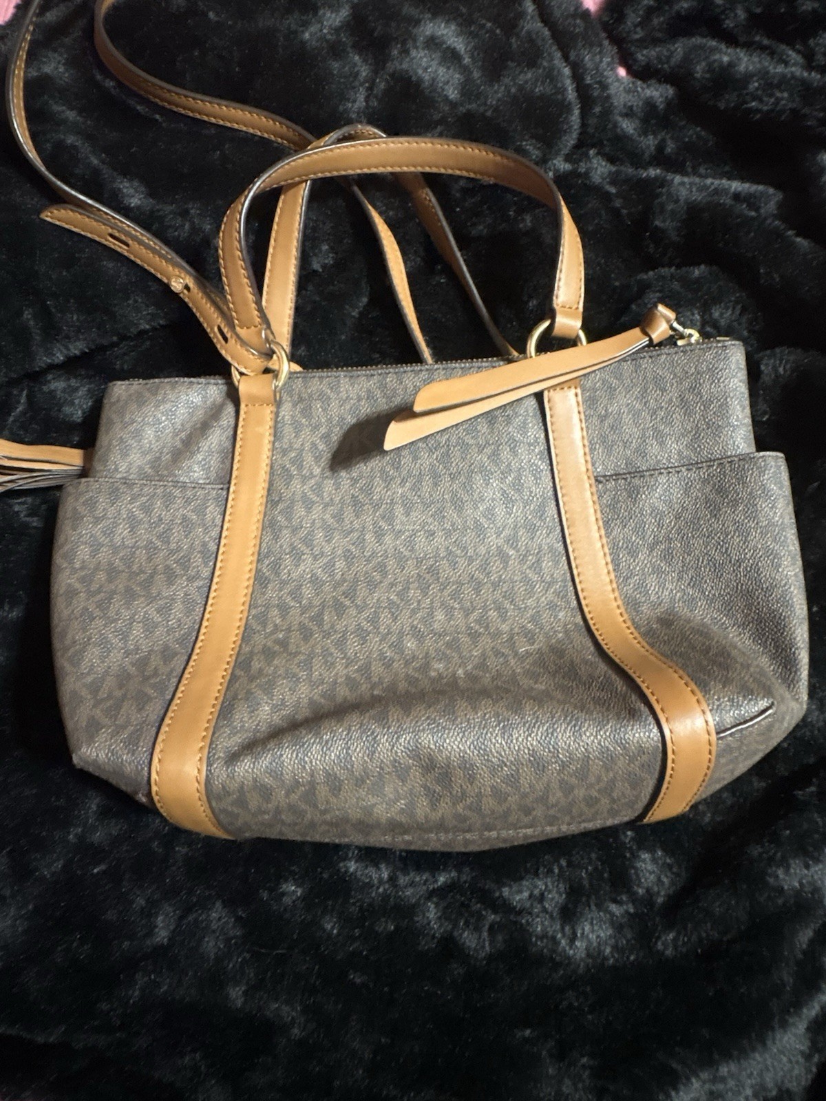 Michael Kors Brown Tan Logo Satchel Top Handle Zip Tassel Charm Gold Hardware
