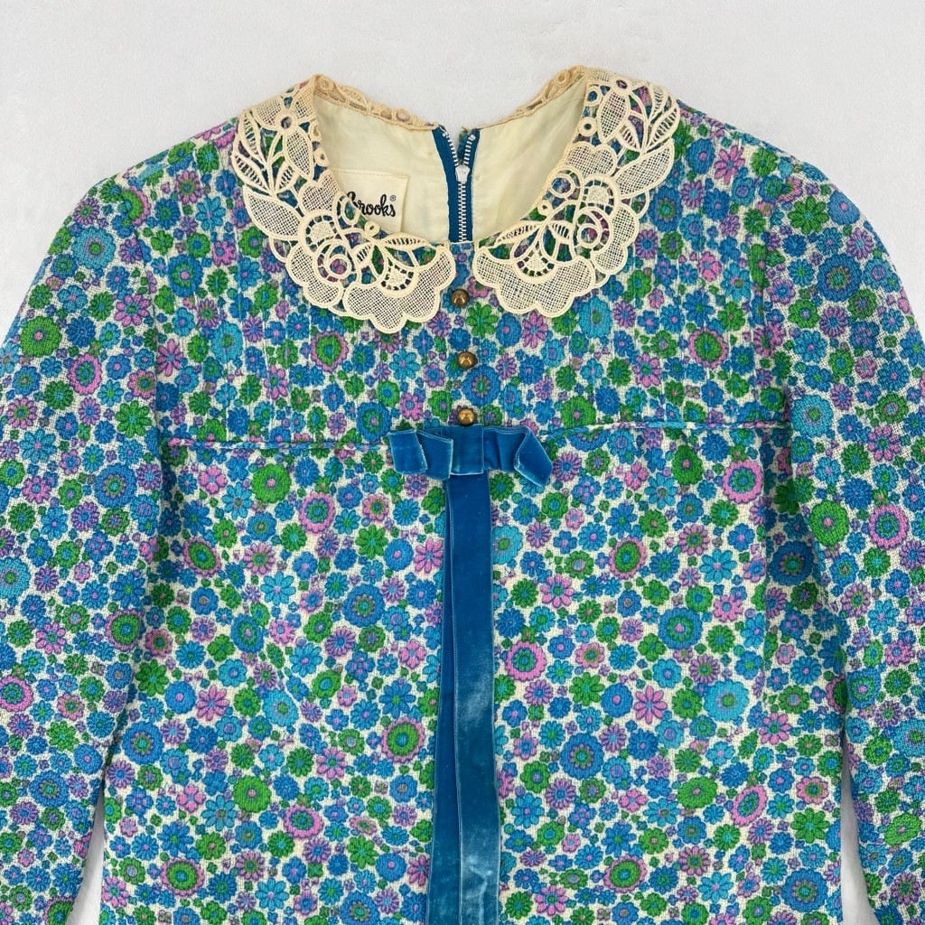 Vintage 1960s Bobbie Brooks Dress Floral Lace Trim Peter Pan Collar Bow READ