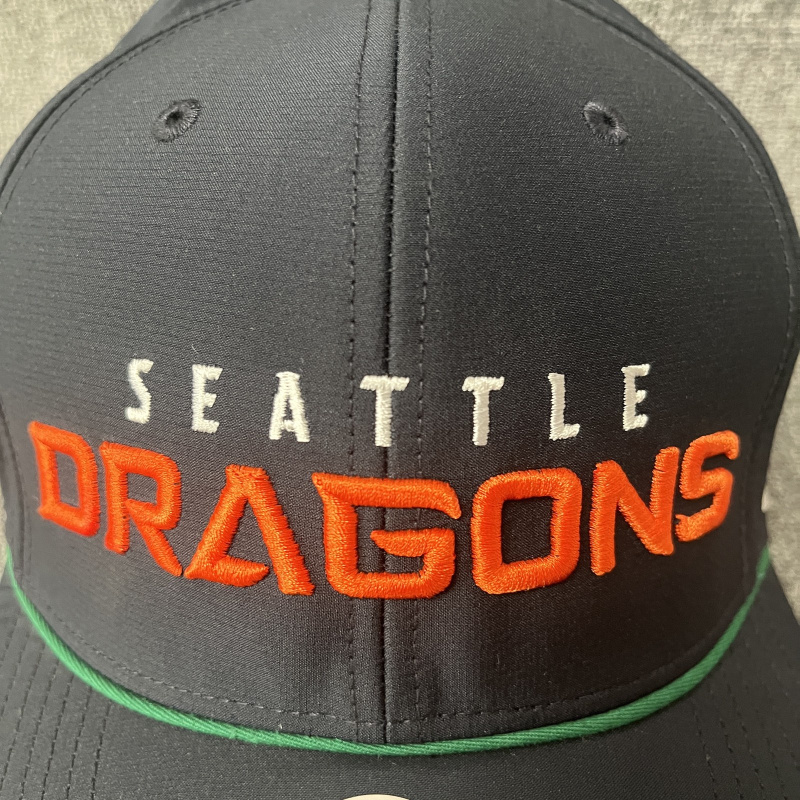 ’47 XFL Seattle Dragons MVP DP Adjustable Snapback Curved Brim Navy Orange Green