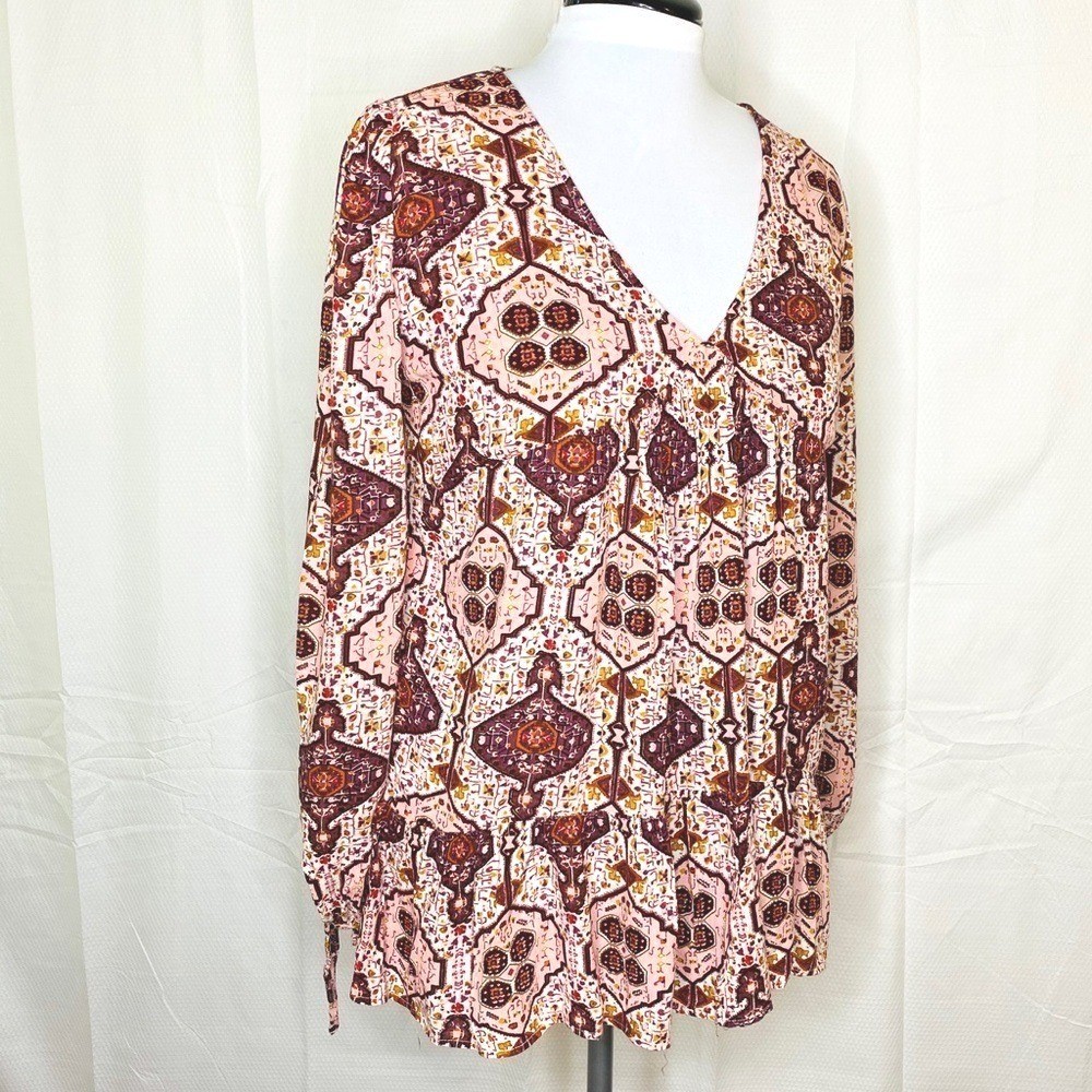 Altar’d State Boho Peplum Babydoll Top Blouse Medium Coquette Burgundy Pink