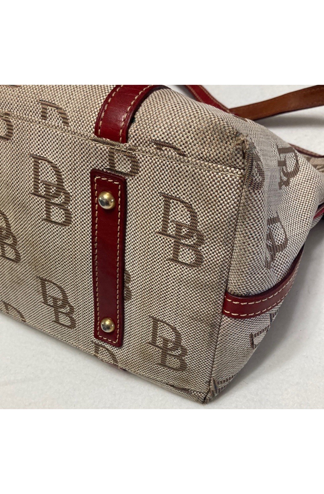 Dooney & Bourke Monogram Satchel Top Handle Zip Tassel Red Lined Gold