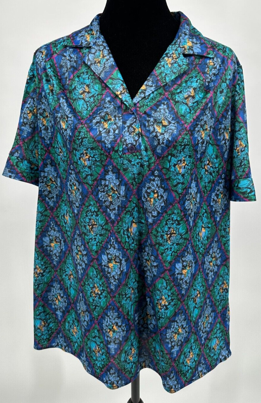 Top Notch Womens Short Sleeve Collared Blouse Size 38/18W Blue Diamond Floral