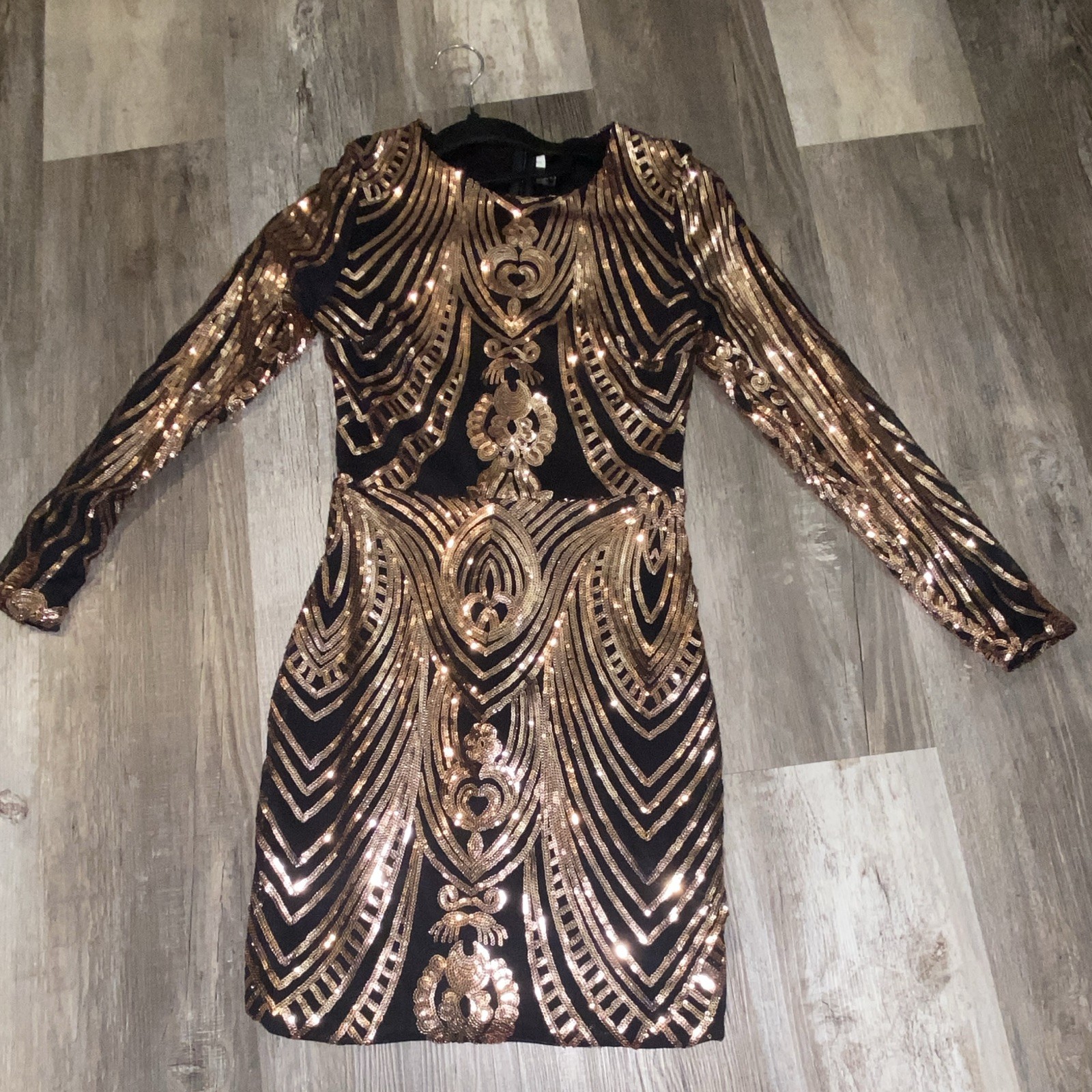 Missord Womens Black Gold Sequin Bodycon Mini Dress Long Sleeve Round Neck S