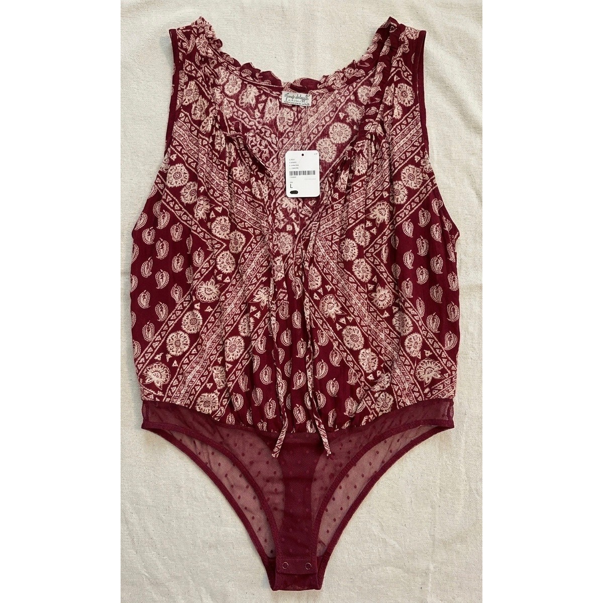 Free People Intimately Bordeaux/Wine Paisley Plunge Tie Neck Bodysuit LARGE NWT