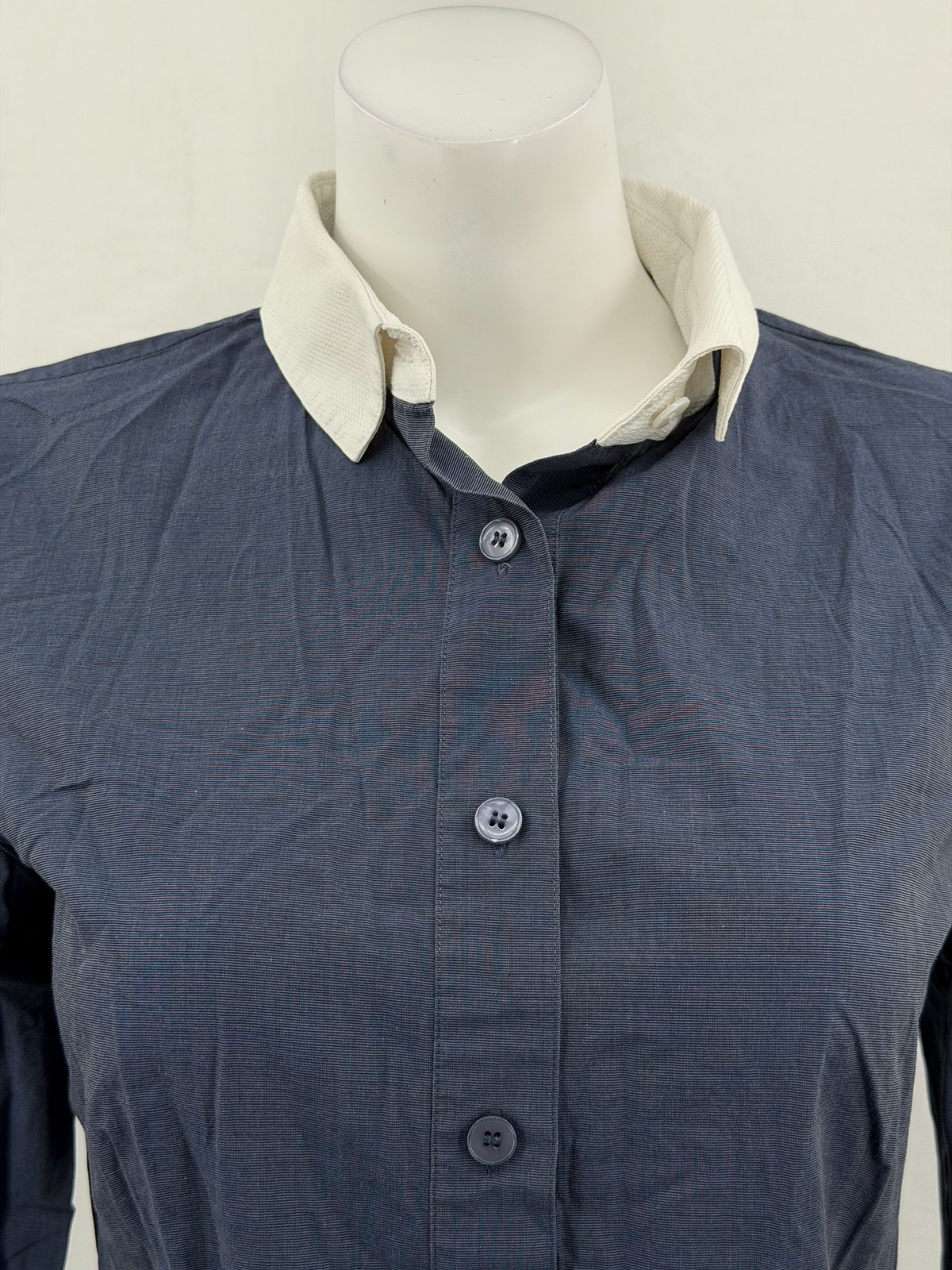 St John Top Womens 6 Navy Button Up Contrast Collar Office Classic Preppy Work