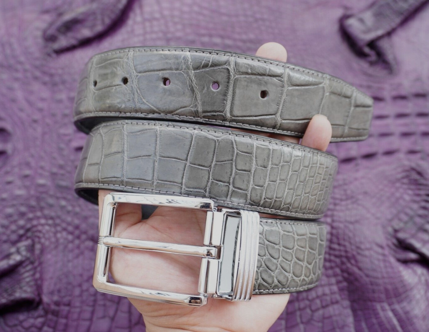 W 1.3 inch – Gray Genuine CROC Belly LEATHER Skin Men’s Belt