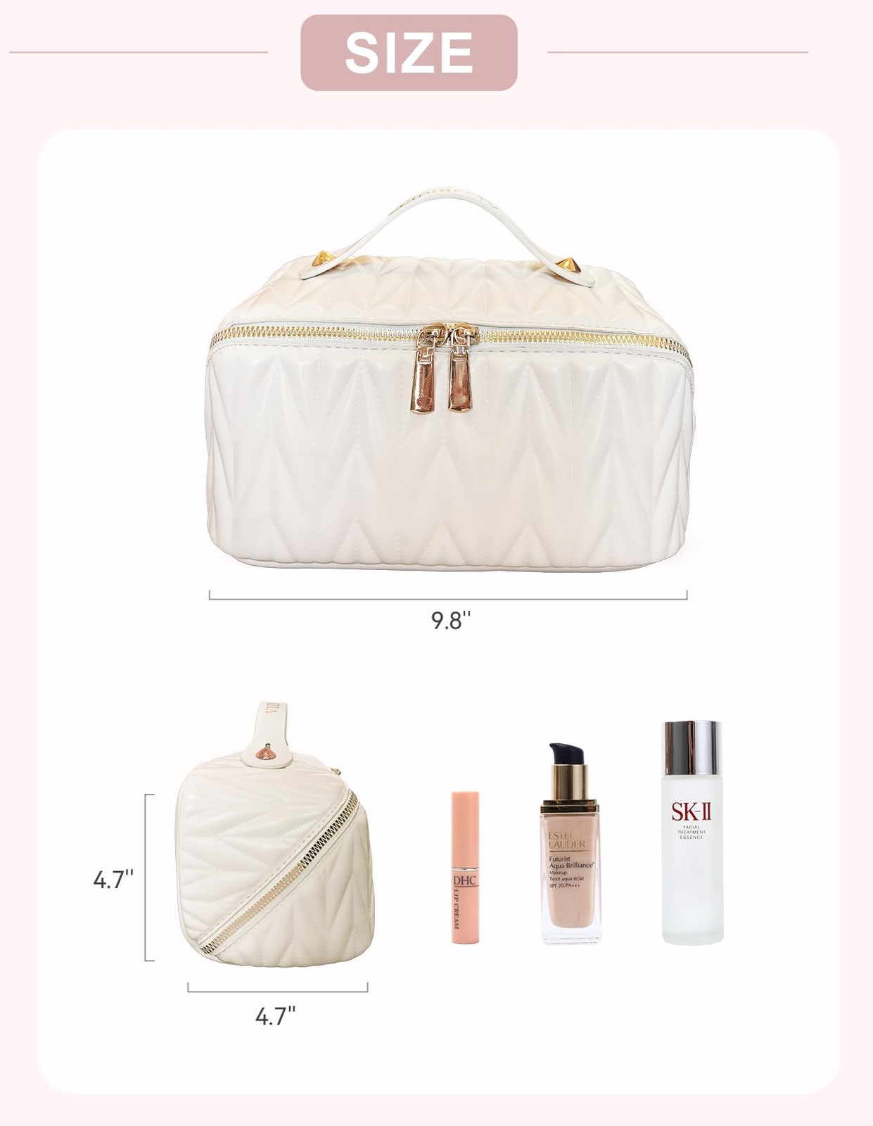 VIDIBESTY Travel Makeup Bag for Women, Large 9.8 x 4.7 x inches, Beige