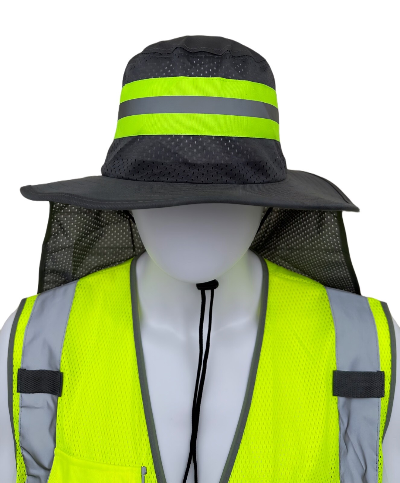 Hi Vis Reflective Work Safety Neck Flap Boonie Hat Grey Bucket Cap