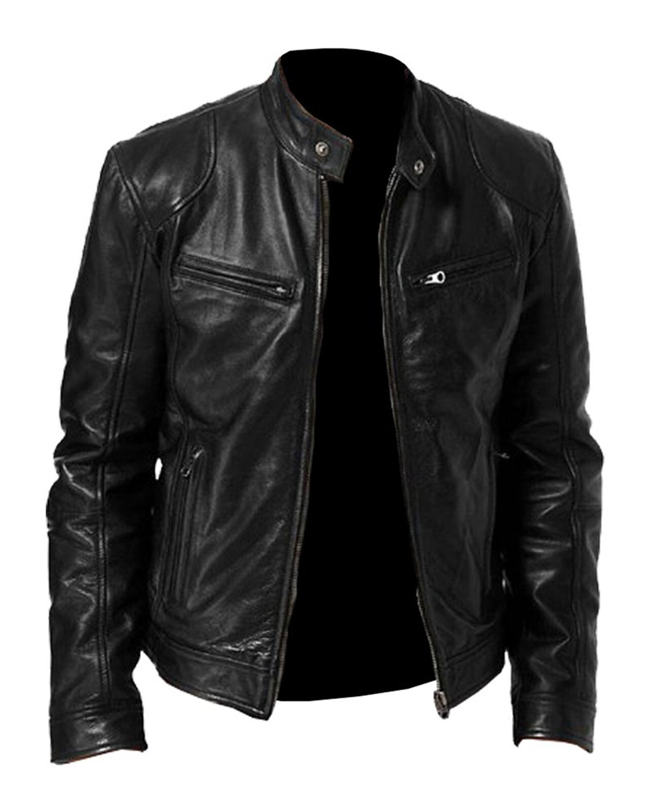 Mens Sword Black Cafe Racer Motorcycle Biker Genuine Leather Jacket