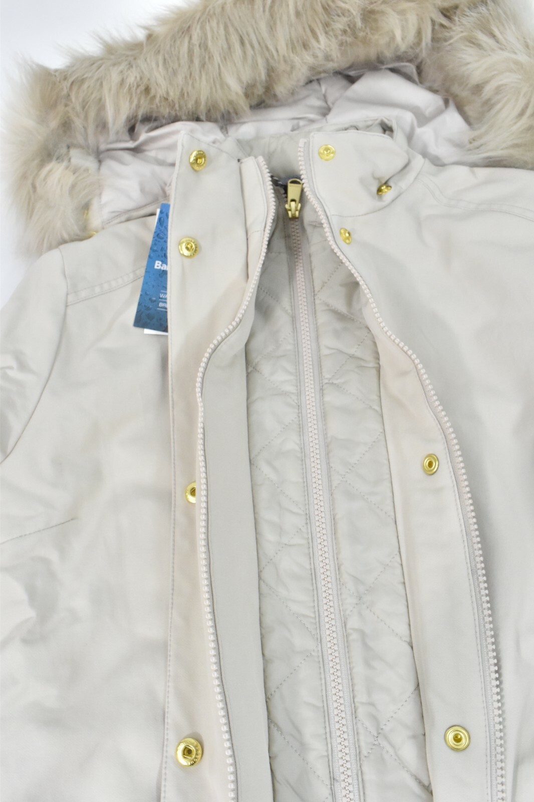 Barbour Women Bute Down Coat Jacket New Beige US 6 Waterproof Faux-Fur Hooded