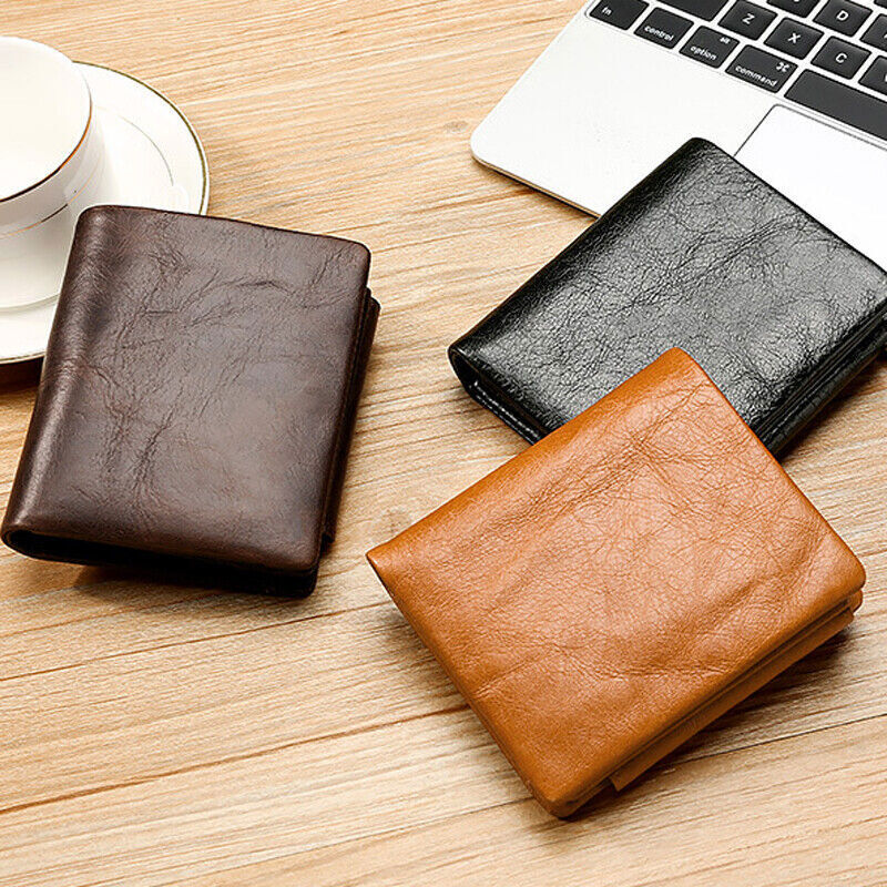 Cowhide Leather Mens Trifold Wallet RFID Blocking Card Holder Zipper Coin Purse