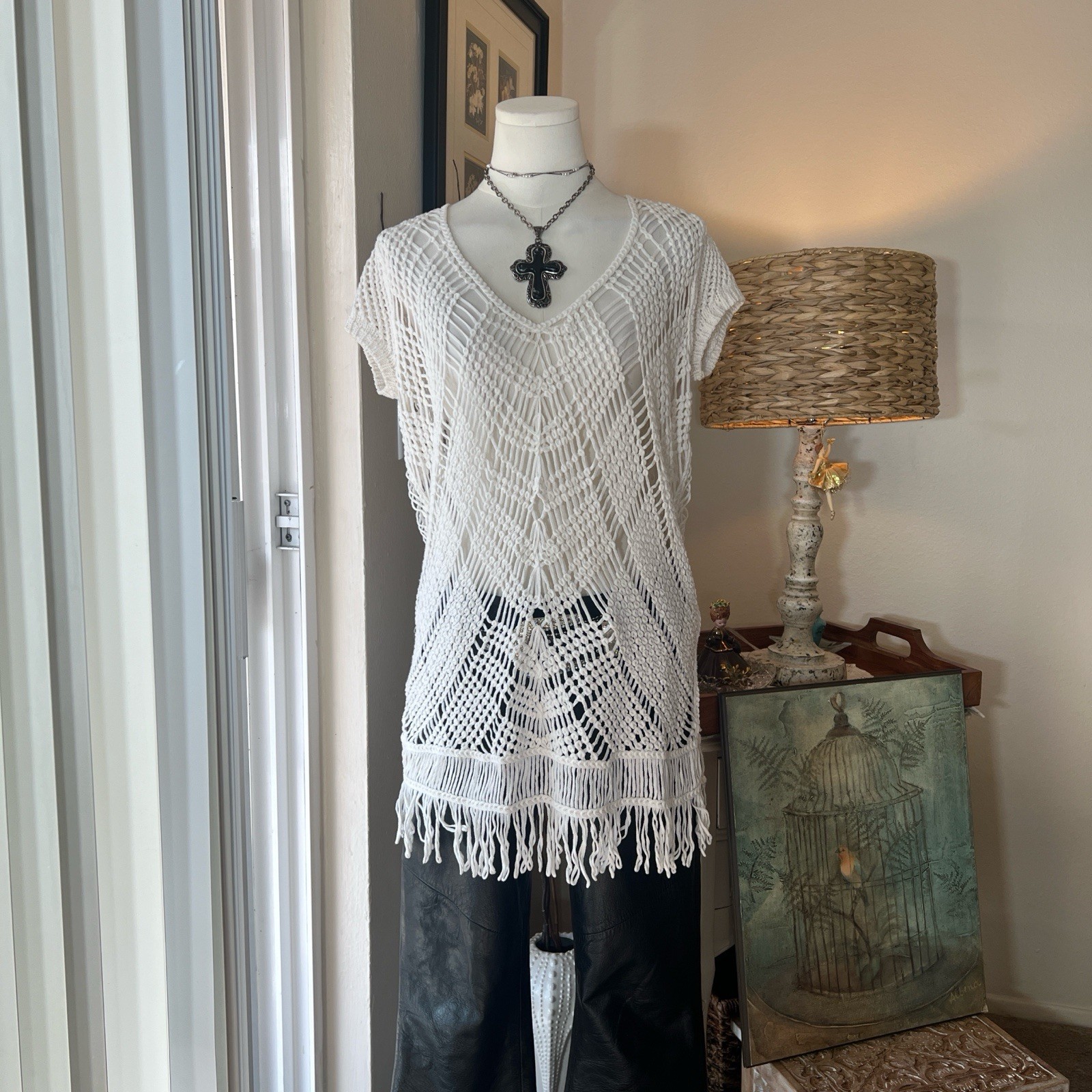 Y2K Crochet Fringe Knit Swimsuit Coverup Boho Fairy Western V Neck Top Tunic