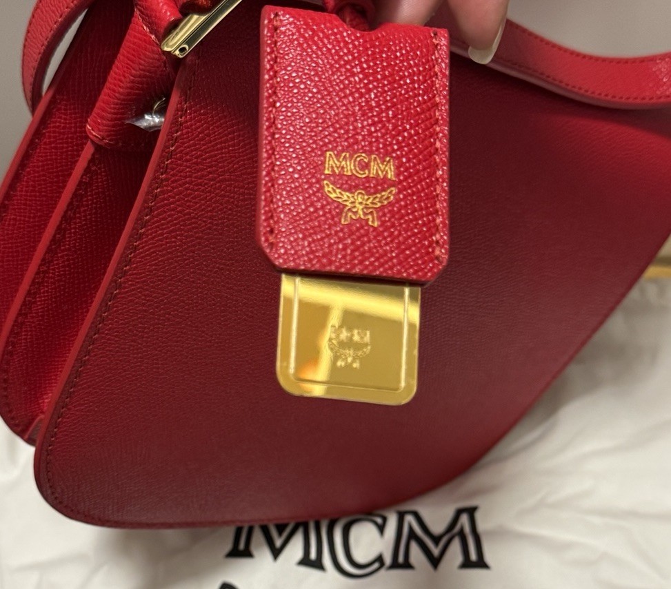 MCM Red Small Patricia Crossbody Bag Gold Hardware Push Lock Dust Bag Card