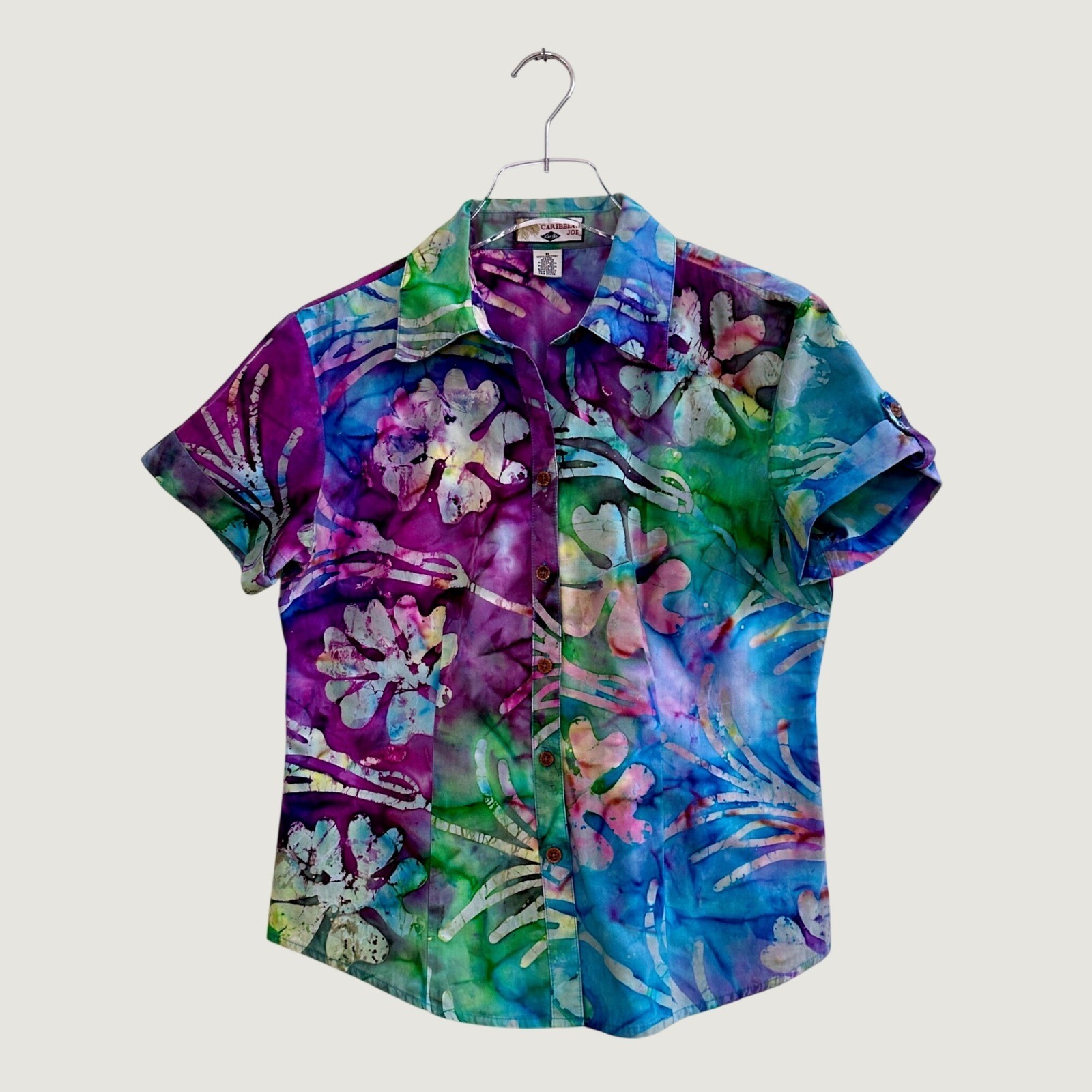 Caribbean Joe Womens Boho M Batik Floral Button Cotton Short Sleeve Multi