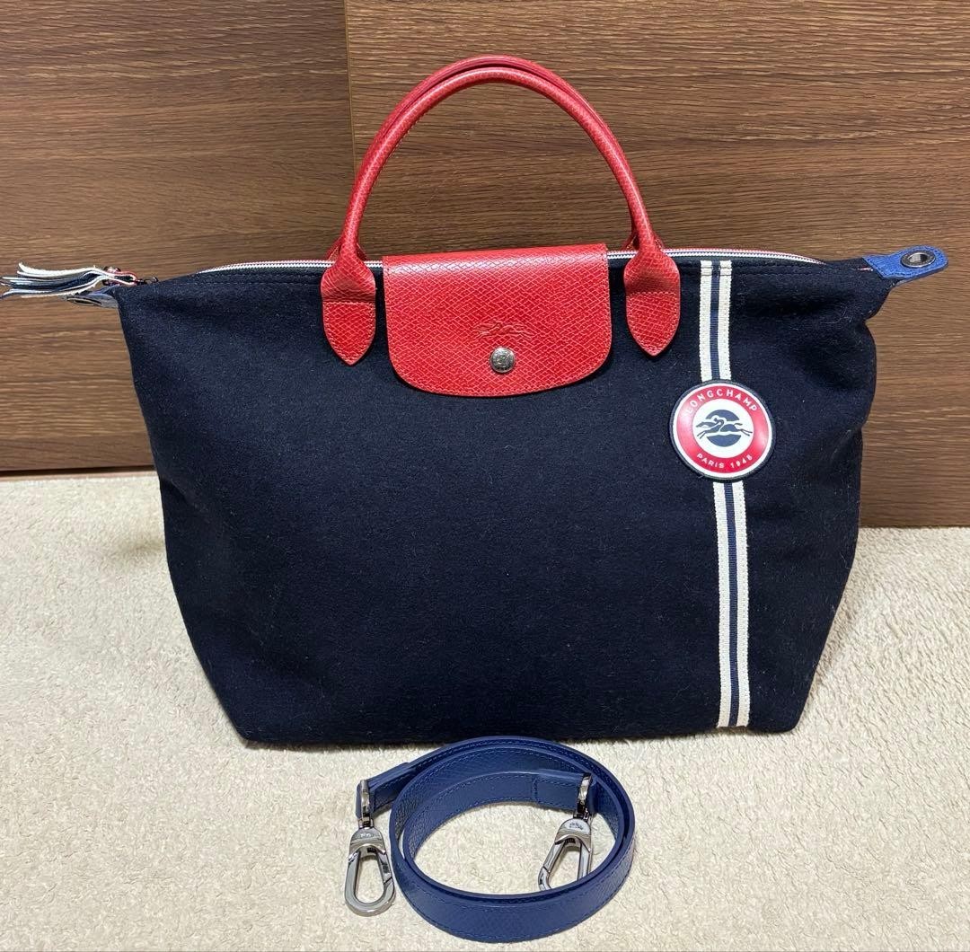 Longchamp Authentic Le Pliage Cocaldo Women 2WAY Tote Bag Rare Navy Red Used JPN
