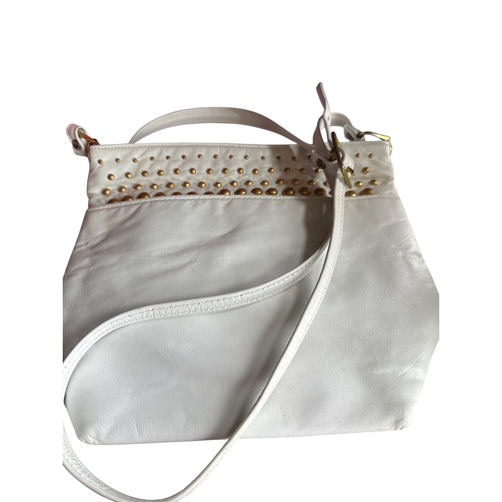 Valeries Genuine Leather White Studded Crossbody Bag Made in USA Gold Hardware