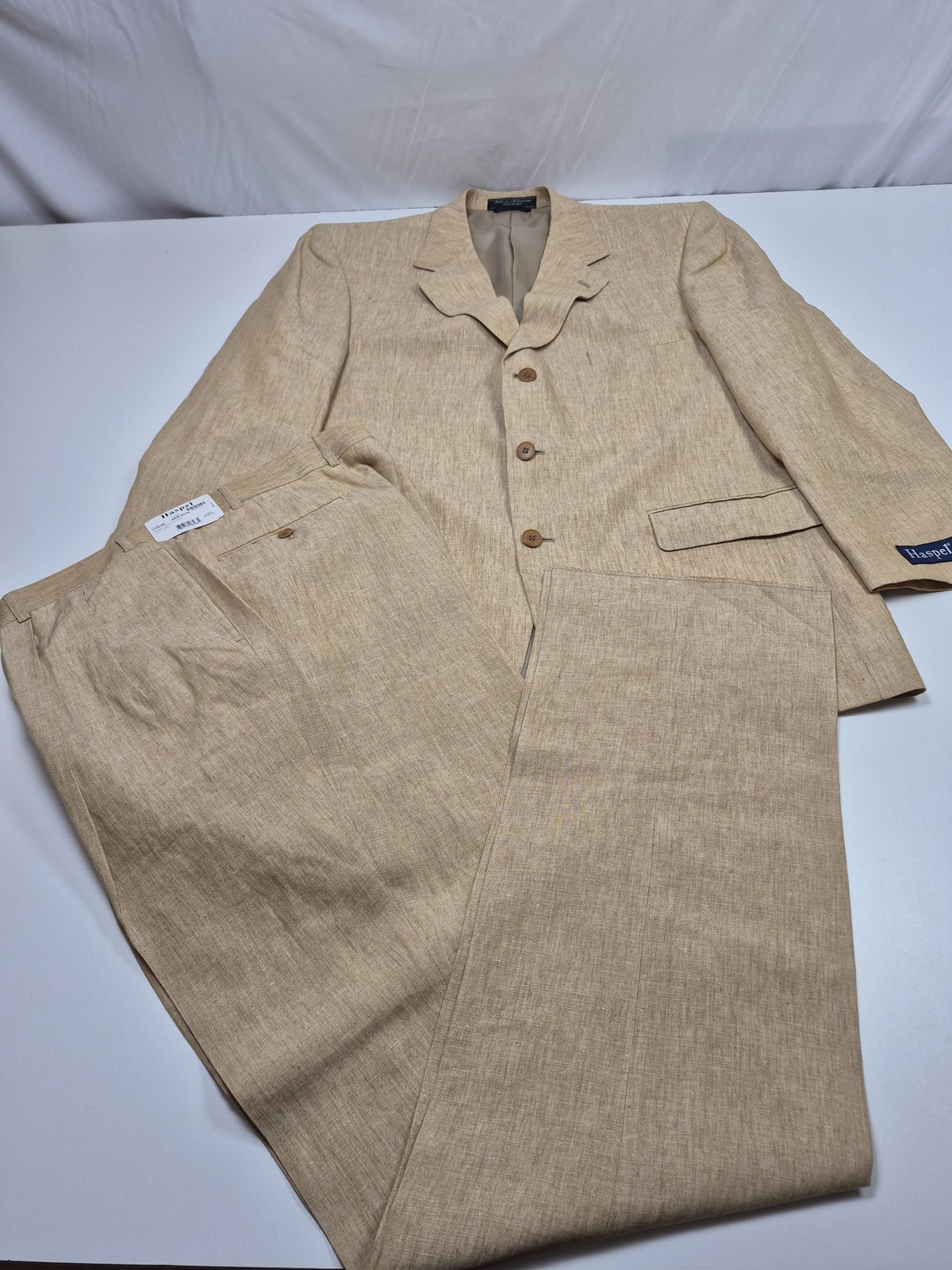 VTG Haspel Suit Mens 46R Beige 100% Linen 2 Piece 40×36 Manor Summer Wedding NWT