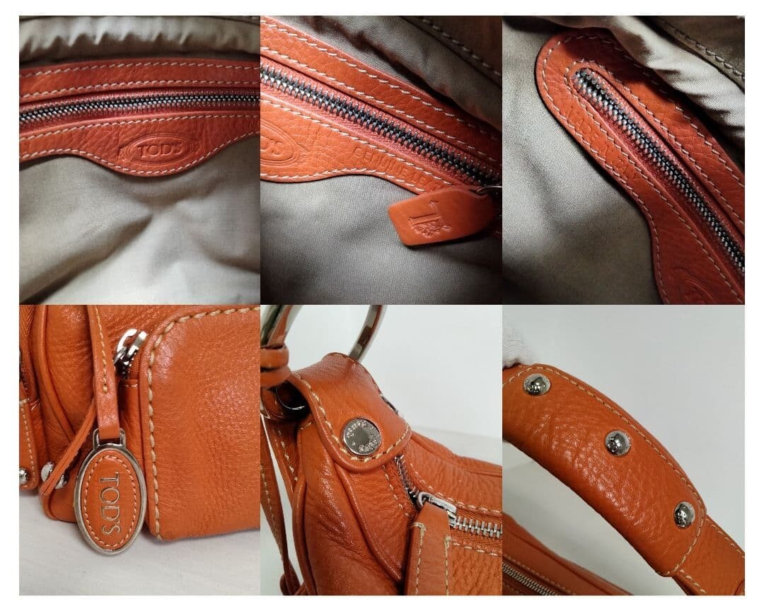 TOD’S Y2K Shoulder Bag Orange Pebble Leather Multi Pocket Logo Charm Auth