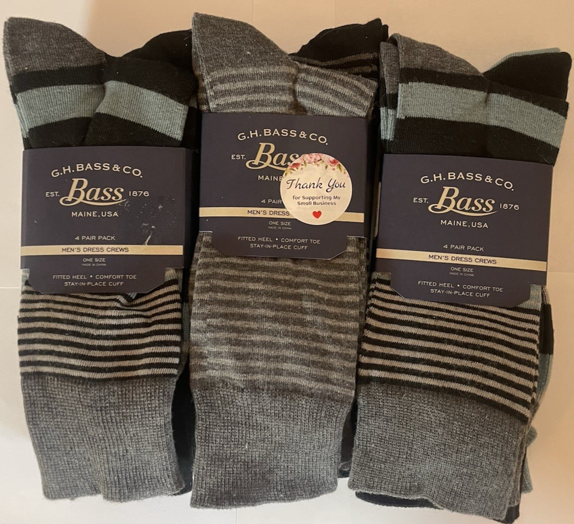 12 Pair G H BASS Maine Men’s Dress CREW Socks $72 Gray Black w Patterns
