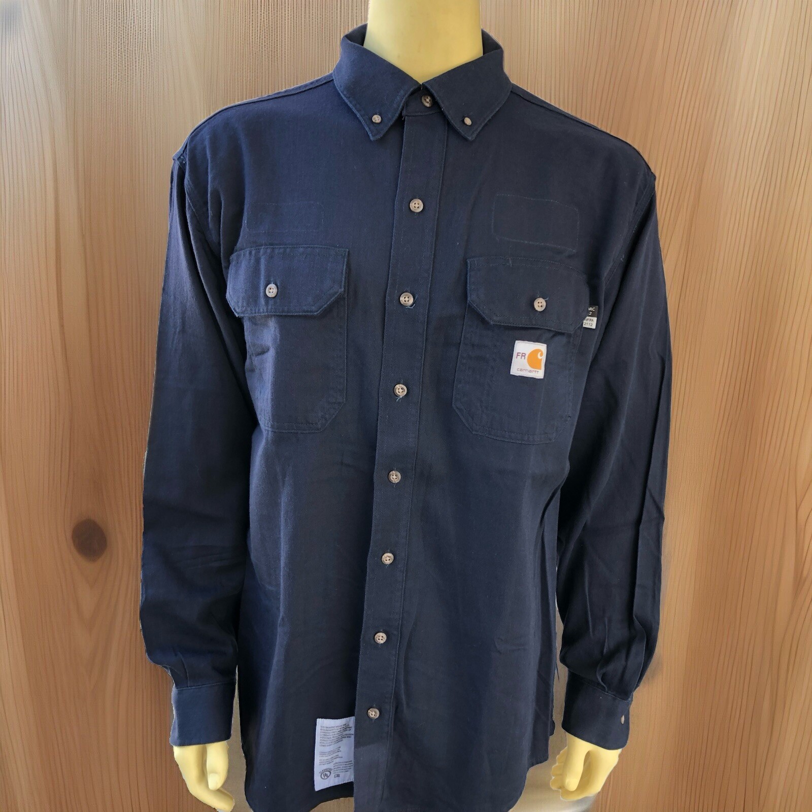 2 Carhartt FR Button Down Navy Blue Cotton Work Shirts Large RG CAT 2 NFPA 2112
