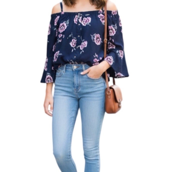 Seven Sisters Blue Floral Peasant Preppy Cottage Chic Off Shoulder Blouse Small