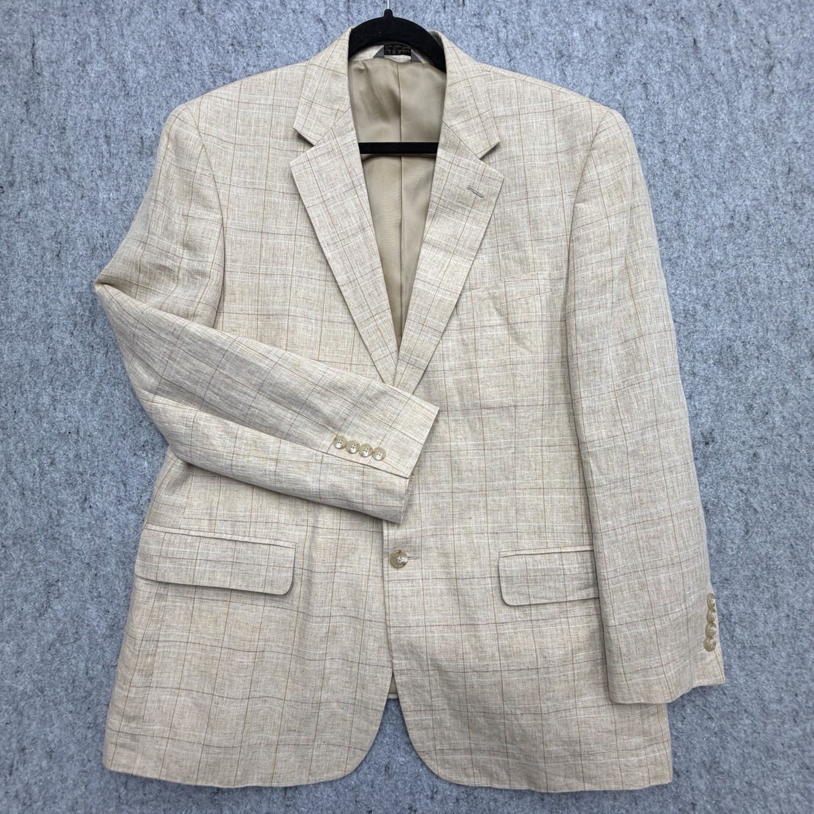 Haspel Blazer 42R Beige Windowpane Plaid 100% Linen 2-Button Sport Coat Jacket