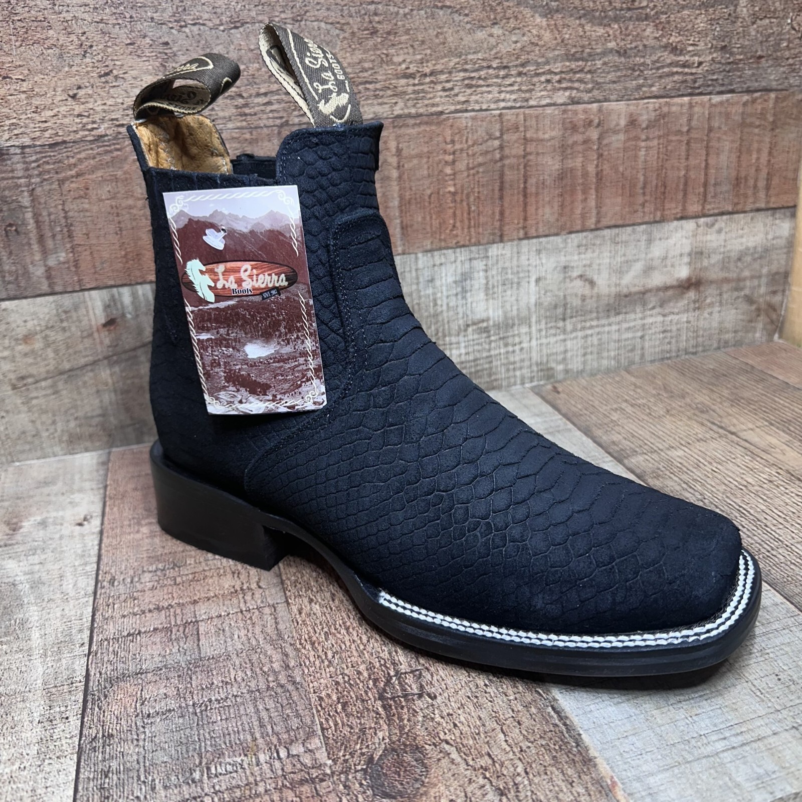 Men’s Western Cowboy Square Toe Black Ankle Boot from Python Printed Botin 715