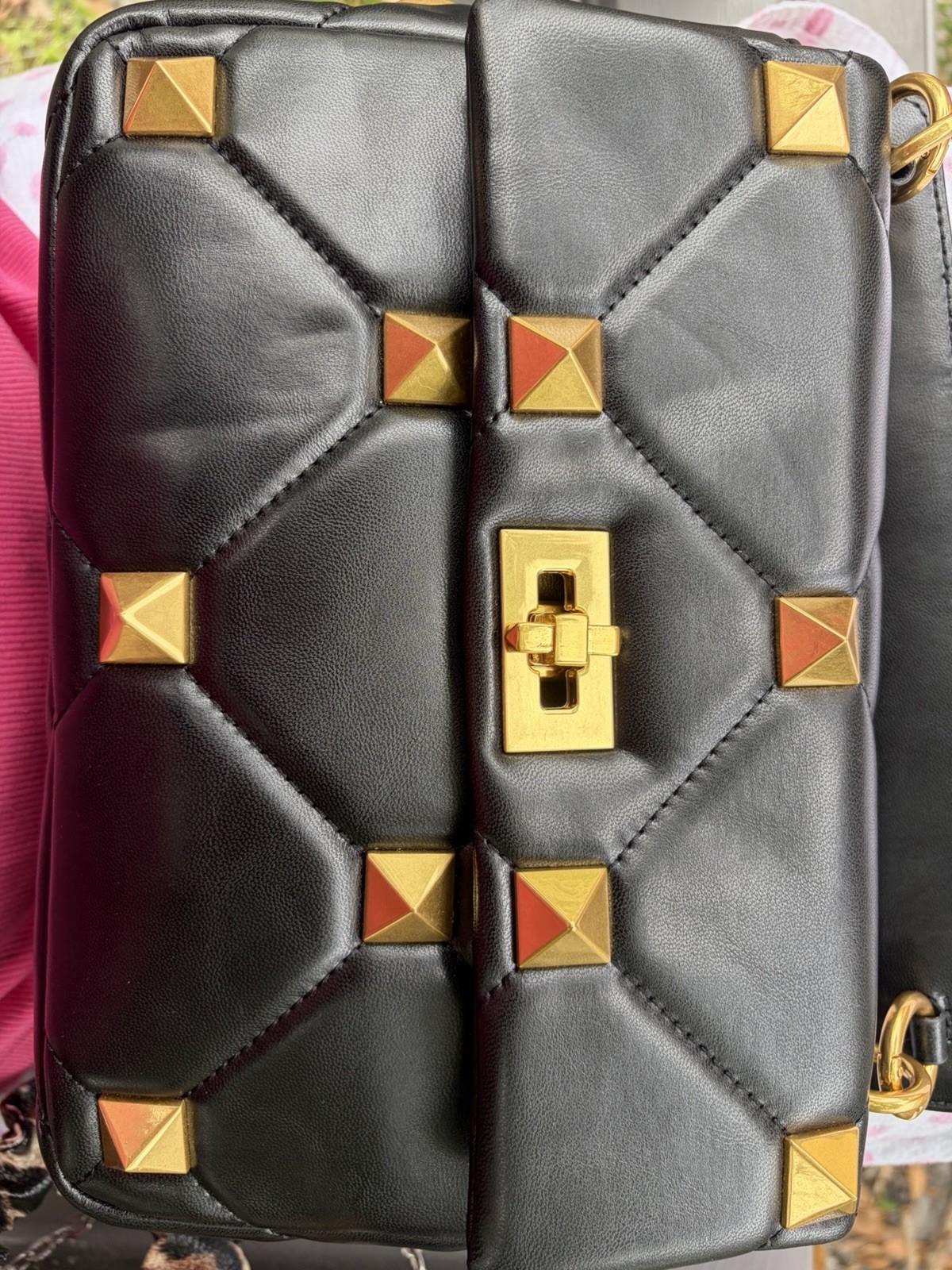 Womens Black Quilted Studded Crossbody Bag Turn Lock Gold Hardware Small