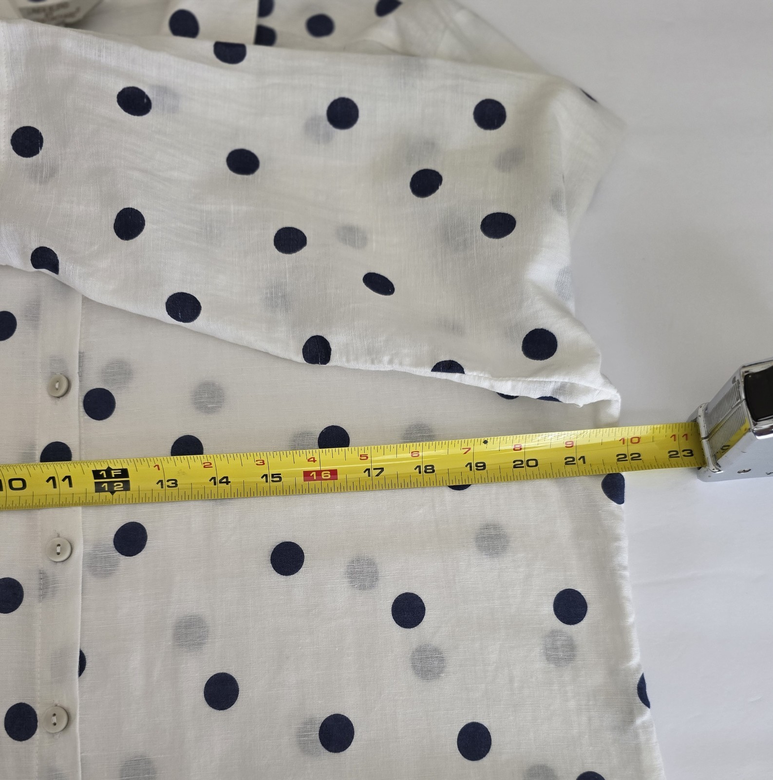 Hester & Orchard Linen Blend XL Blouse White Navy Polka Dots Long Sleeves Summer