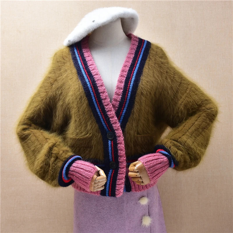Women Fashion Hairy Angora Rabbit Hair Knit V-Neck Crop Top Loose Cardigans Coat