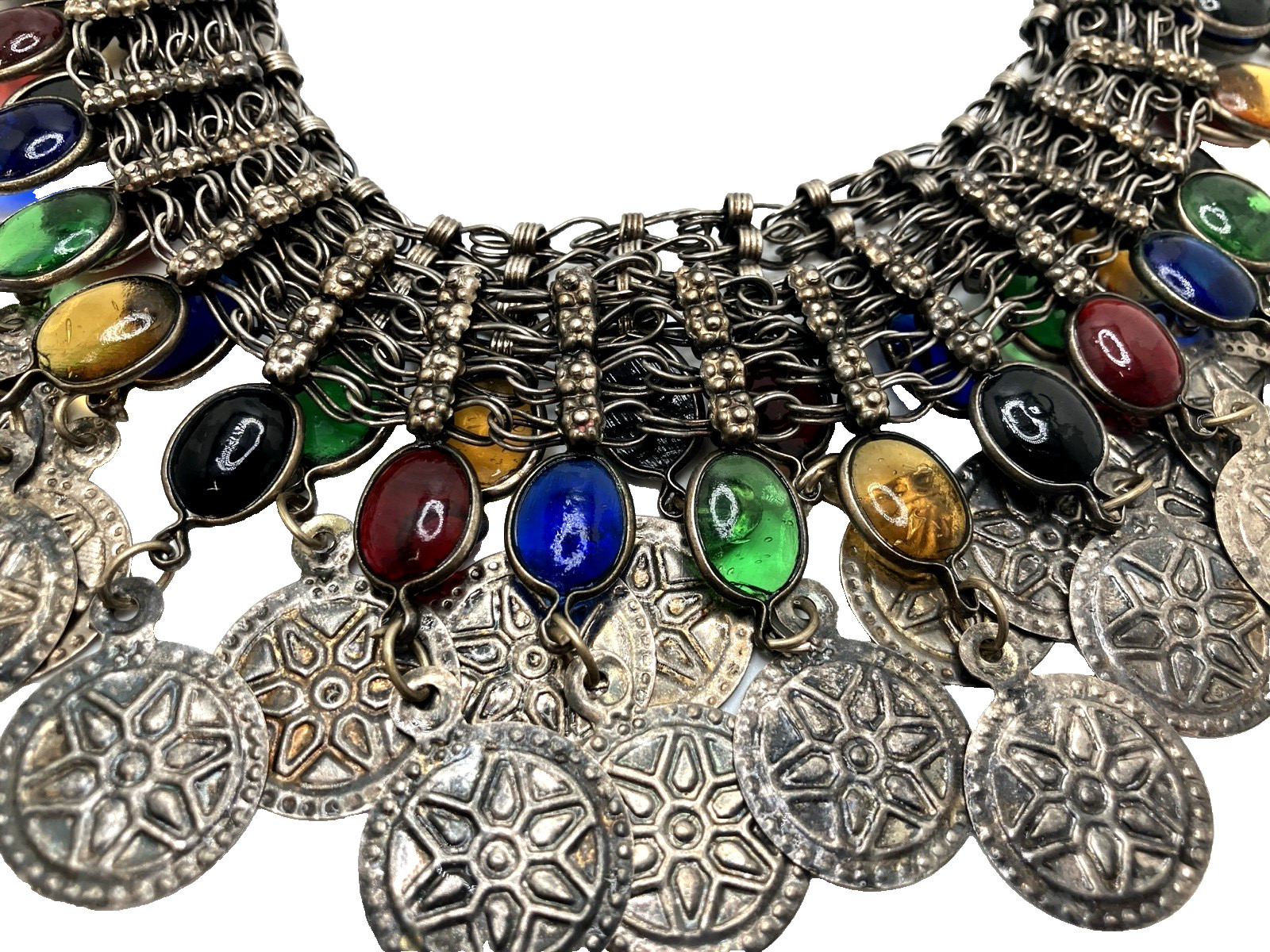Vintage Silver-Toned Belly Dancer Belt with Multi-Color Cabochons 37″-41″