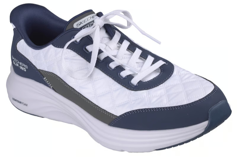 NEW MENS SKECHERS SLIP INS CONTOUR FOAM COZY FIT KIROH White Navy LEATHER Shoes