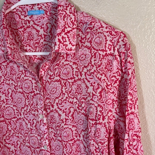 J McLaughlin Top Womens 8 Button Shirt Long Sleeve Red Pink White Paisley Floral