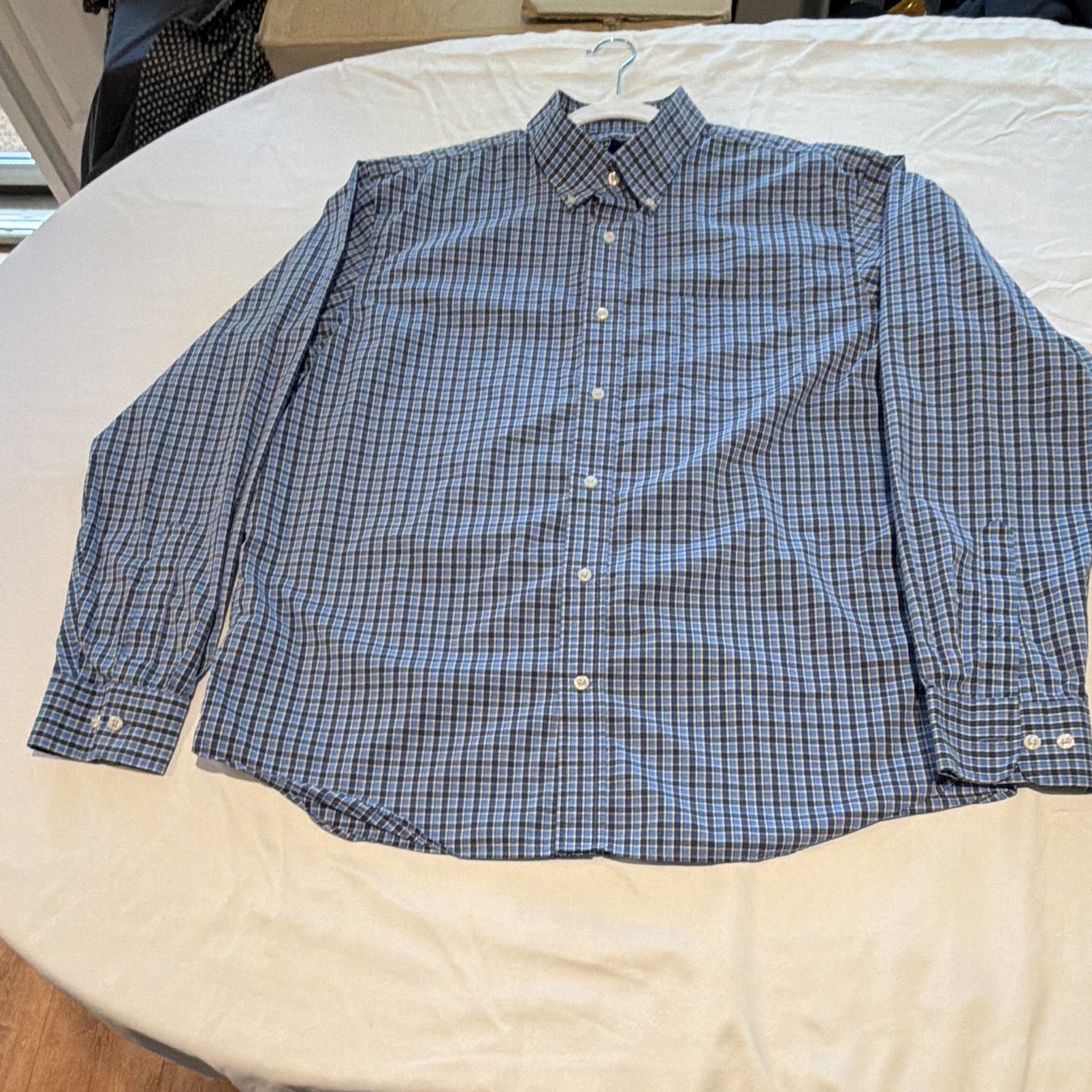 Lands’ End Men’s Blue Plaid Stretch BD Dress Shirt L 16-16.5 32/33