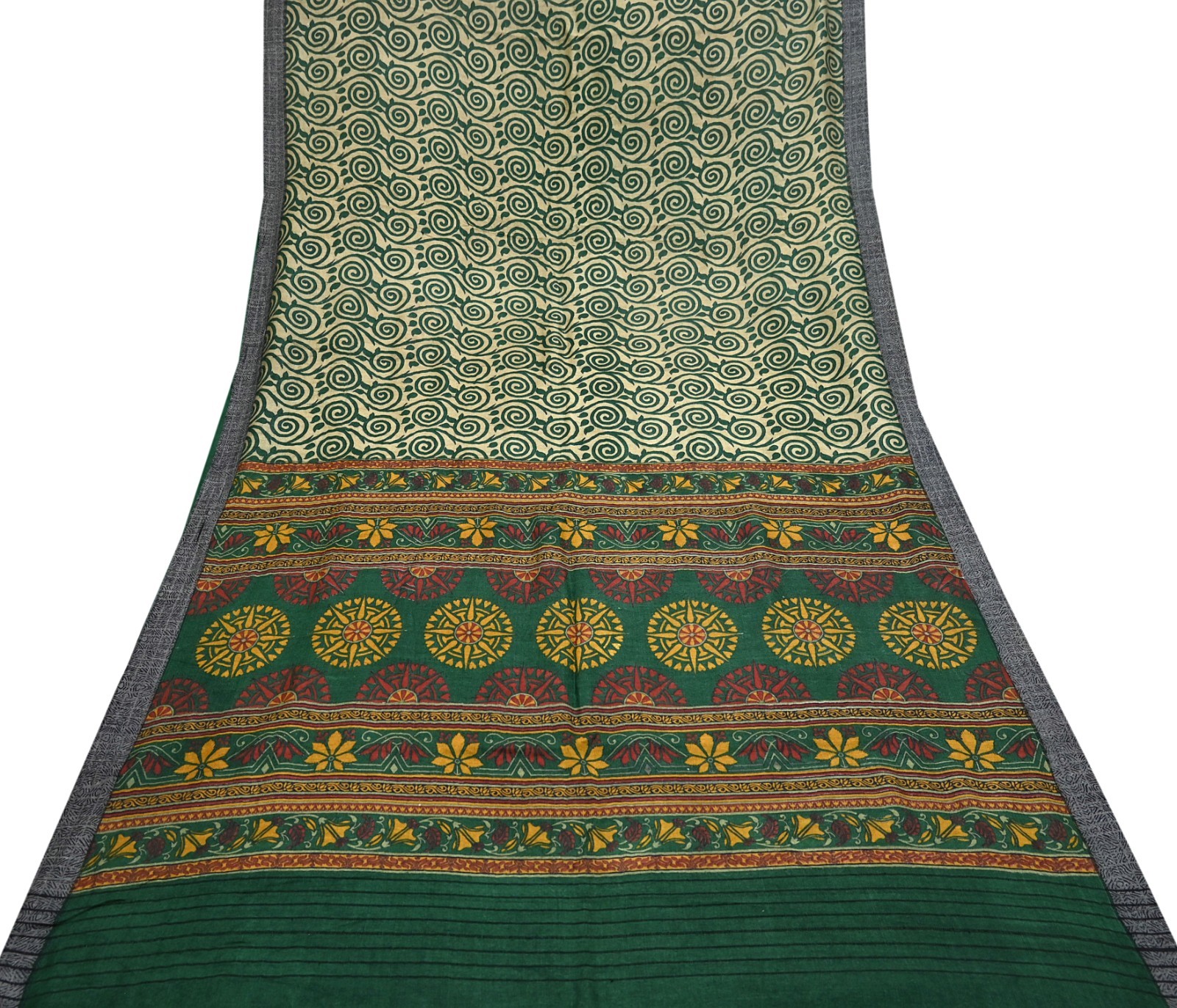 Vintage Beige Green Wool Saree Indian Pure Wool Floral Woven Fabric 6 Yard Soft
