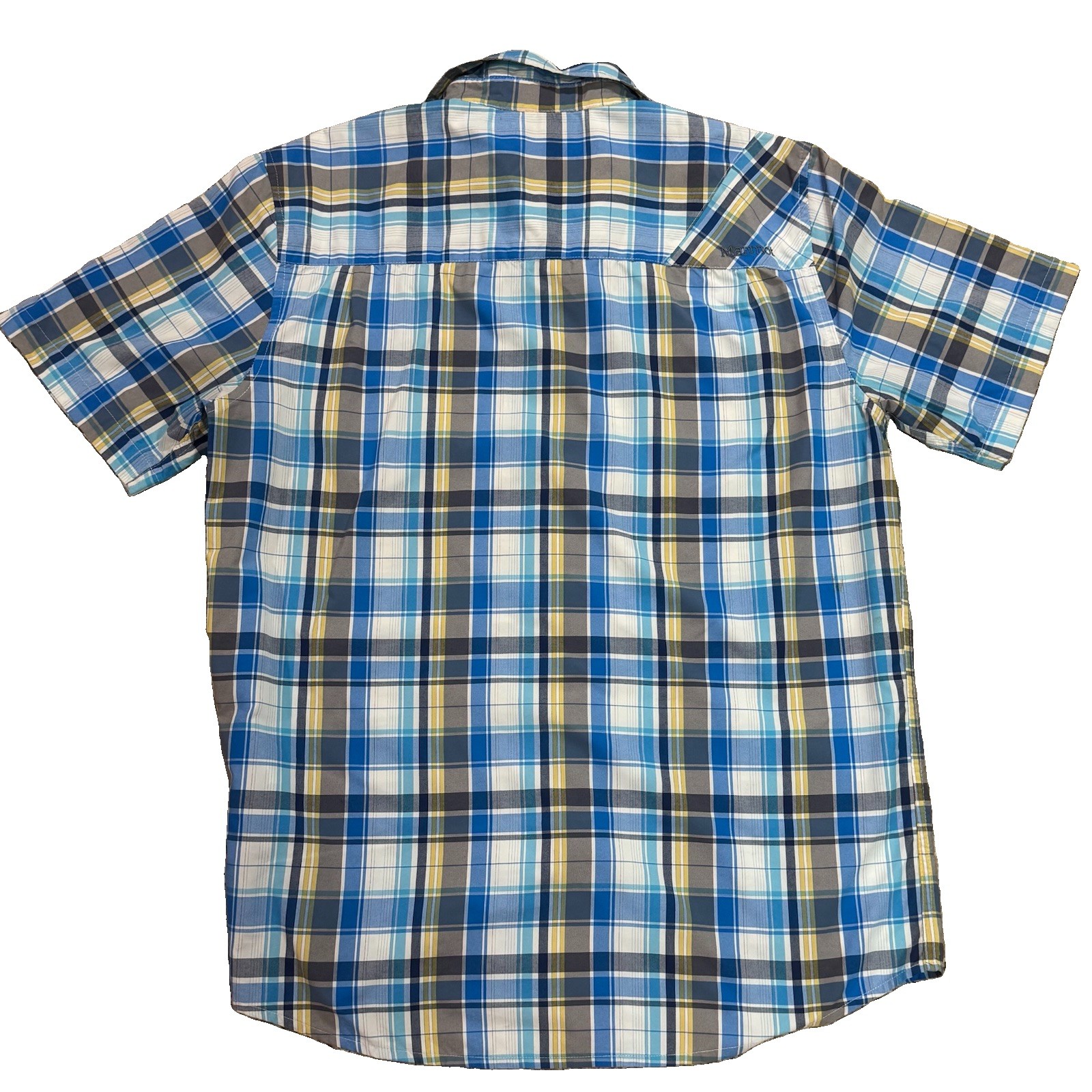 Marmot Men’s Medium Blue Plaid Short Sleeve Button Up Shirt Outdoor Hiking