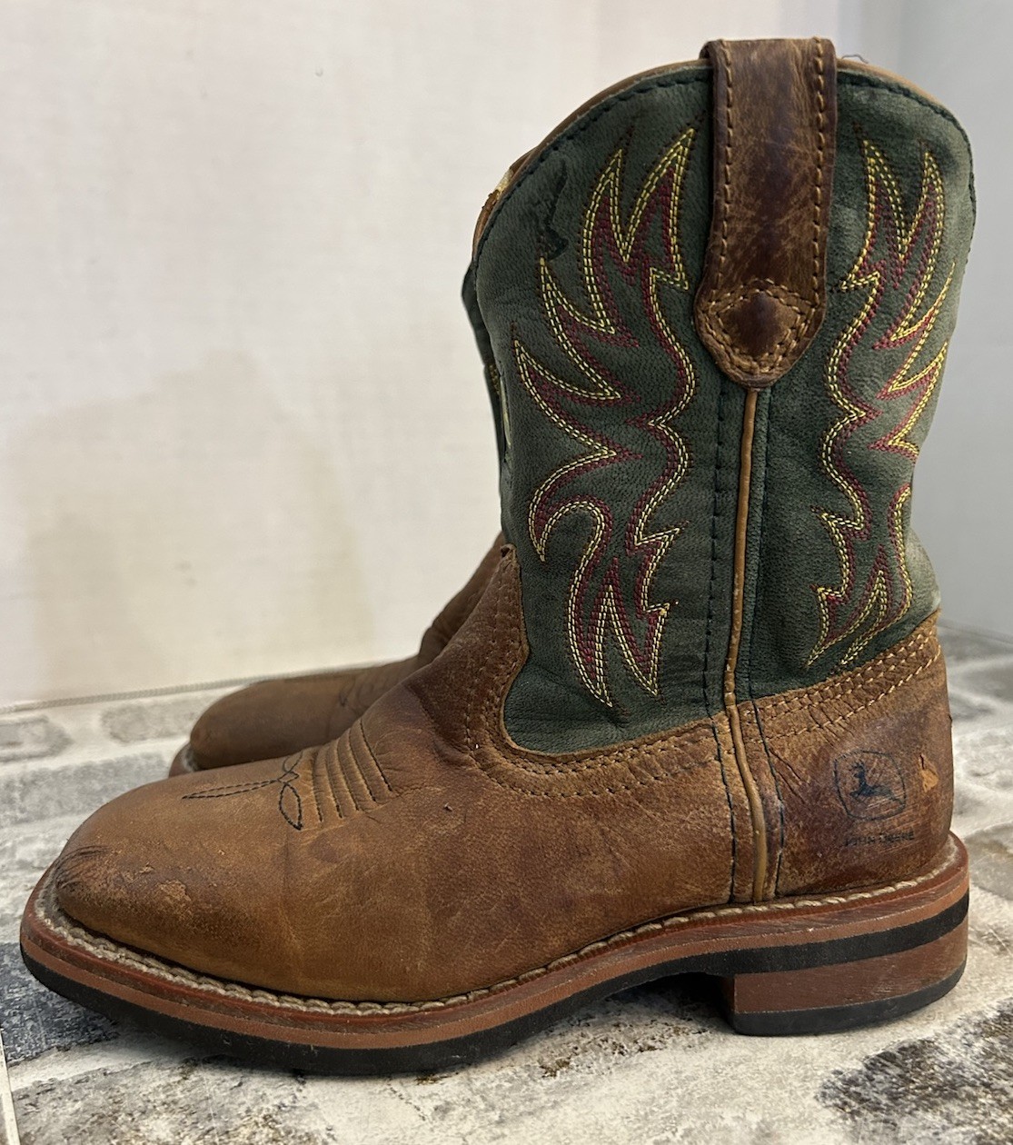John Deere Dan Post Boot Co Brown Green Leather Cowboy Boots JD2316 Boys 12M