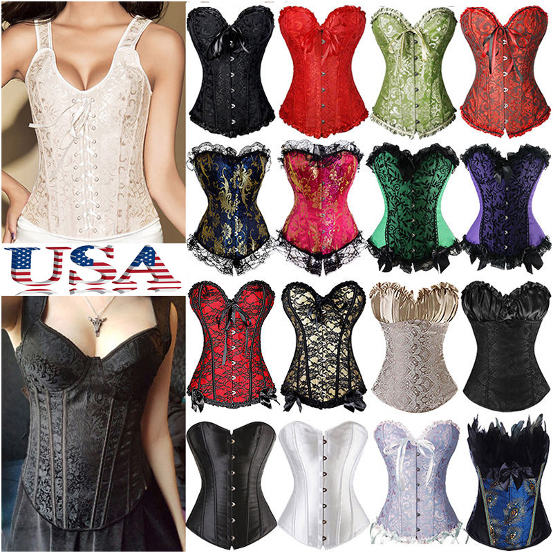 Women Lace Up Sexy Bustier Corset Overbust Burlesque Tops Lingerie Waist Cincher