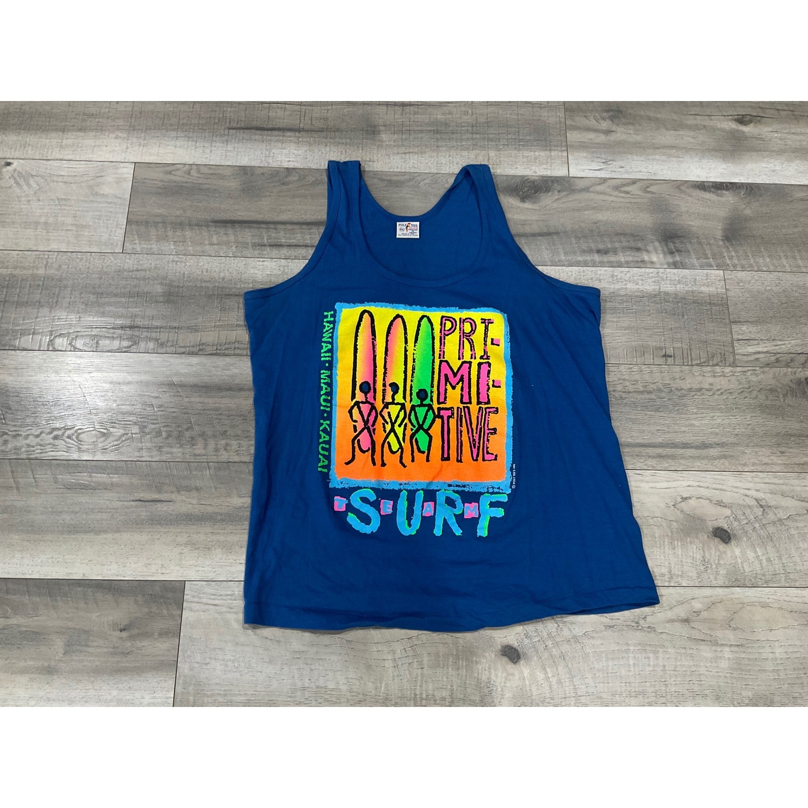 Vintage Poly Tees Hawaii Primitive Surf Tank Top Blue Neon Graphic XL 90s Oman