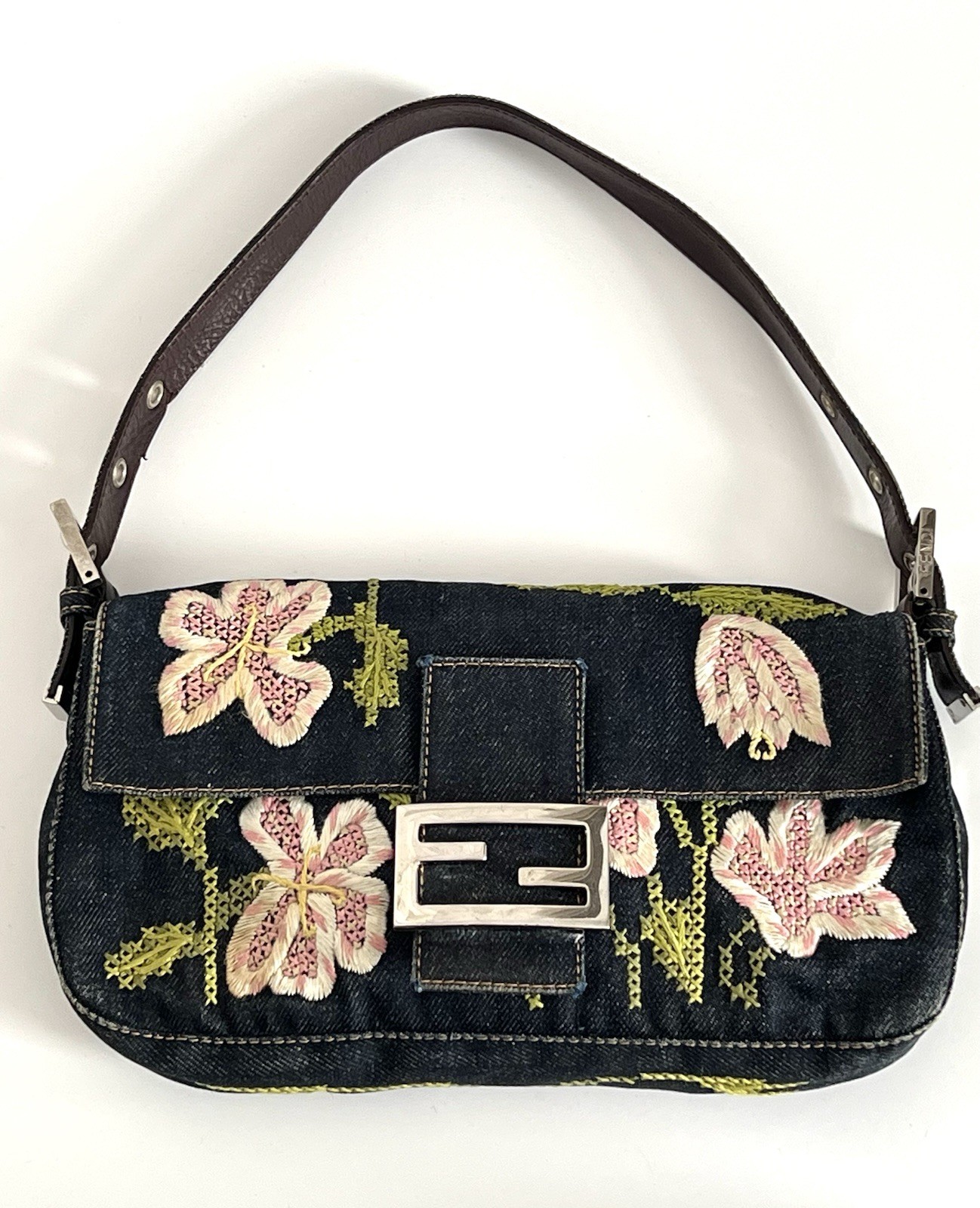 Authentic Vintage Fendi Y2K Indigo Denim Floral Embroidered Baguette Handbag