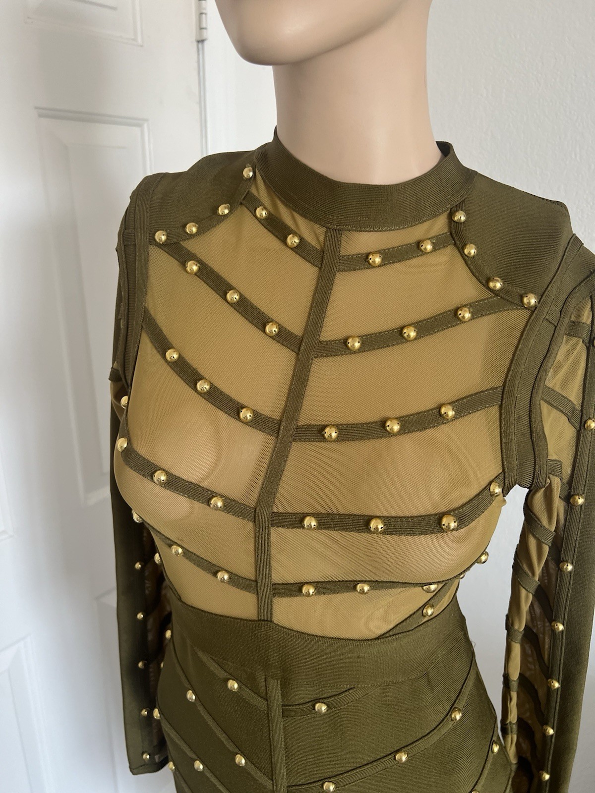 Womens Green Mesh Sheer Studded Mock Neck heavy Bodycon Zip Midi Dress L