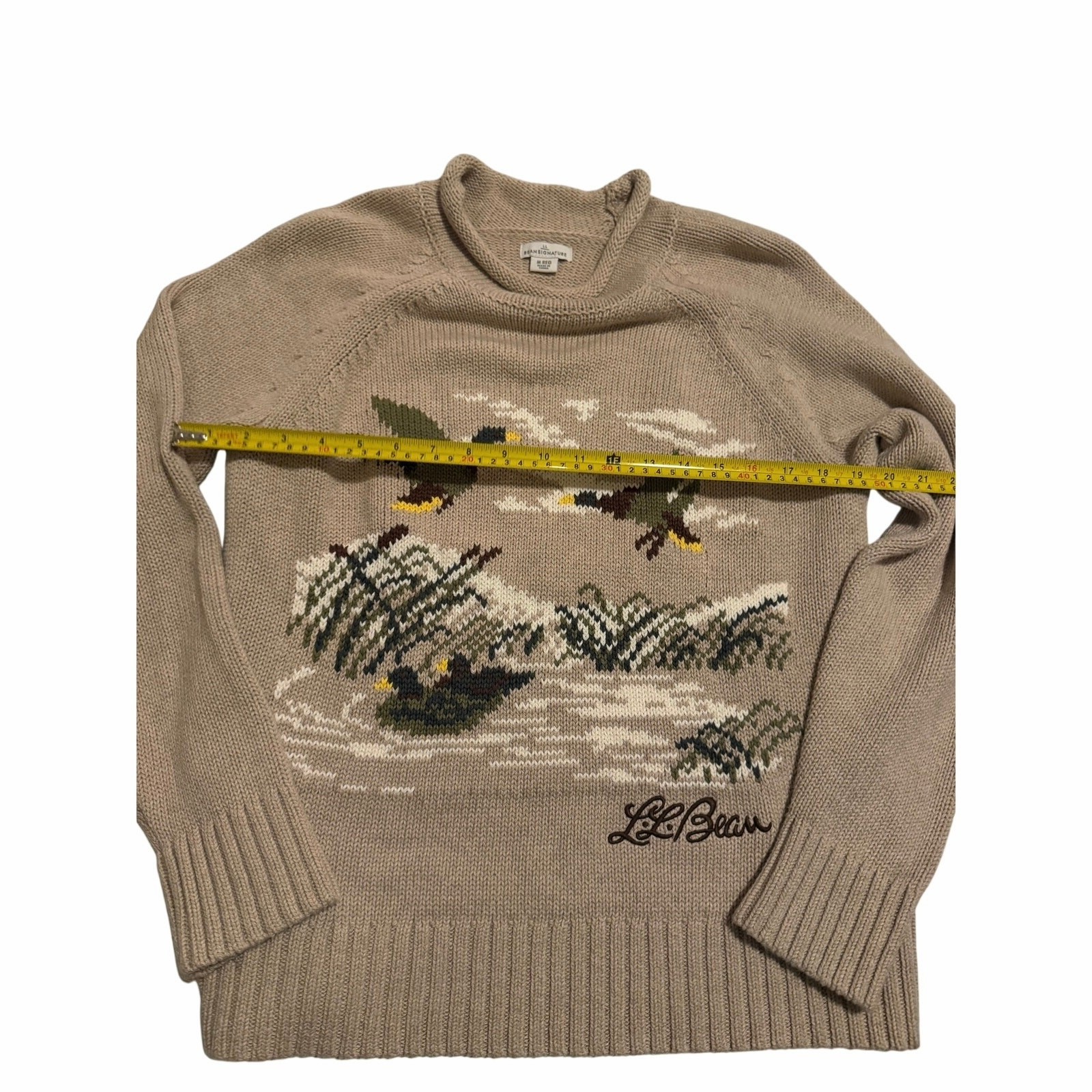 LL Bean Signature Khaki Roll Neck Sweater with Ducks