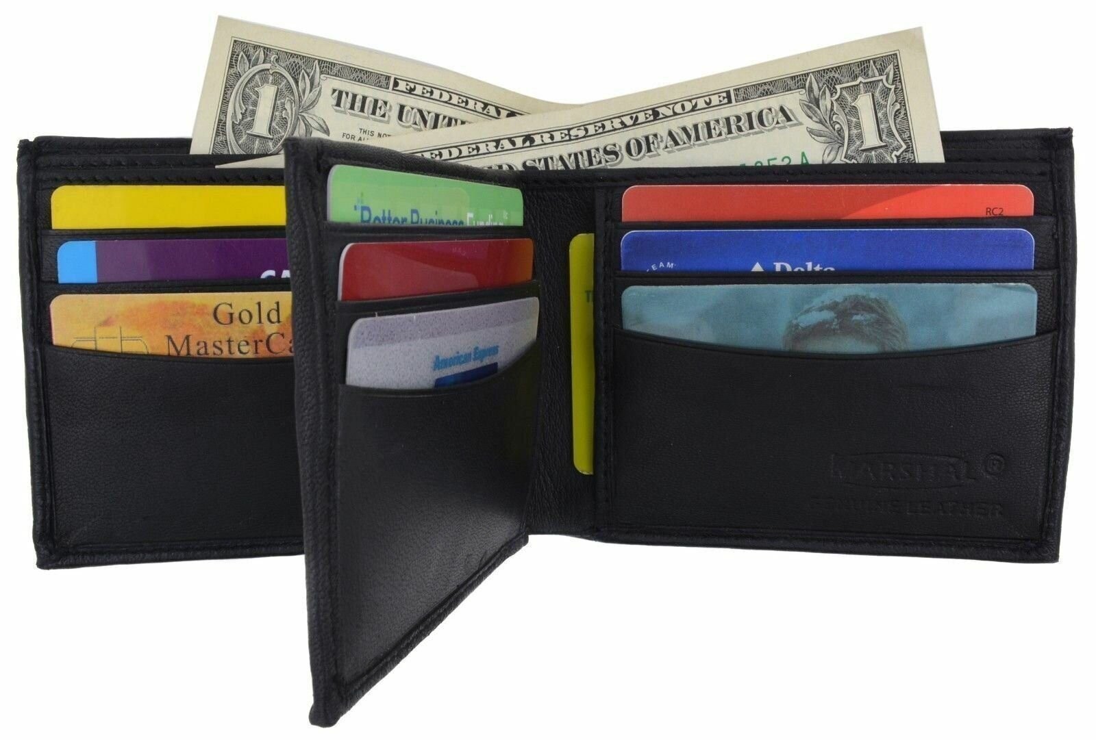 Mens Bifold Center Flap Lambskin Leather Wallet and Credit Card Holder